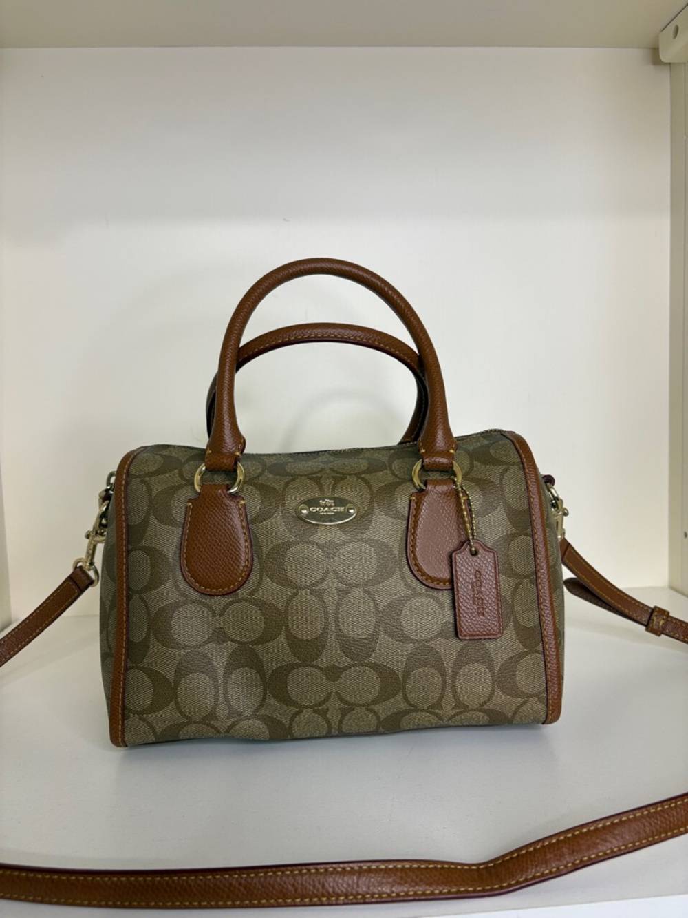 Coach Signature Monogram Rowan Satchel in Brown and Tan Leather Trim